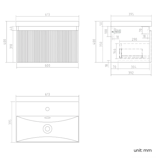 Malta Fluted Matt Black Wall Hung Drawer Vanity with Matt Black Basin 600mm