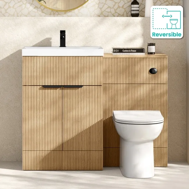Havana Fluted Country Oak Combination Vanity Basin and Aruba Toilet 1100mm - Black Accents