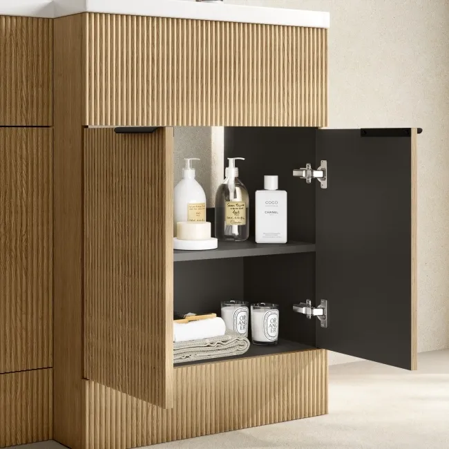 Havana Fluted Country Oak Combination Vanity Basin and Tucson Toilet 1100mm - Black Accents - Right Handed