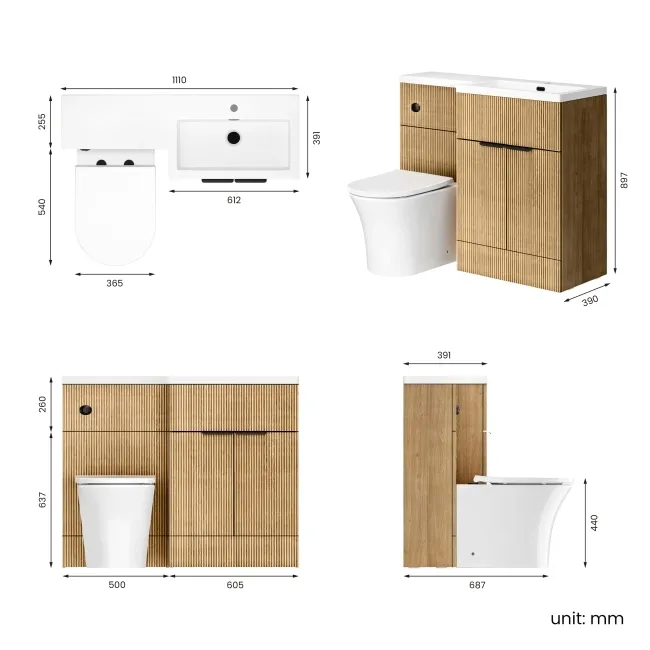 Havana Fluted Country Oak Combination Vanity Basin and Tucson Toilet 1100mm - Black Accents - Right Handed