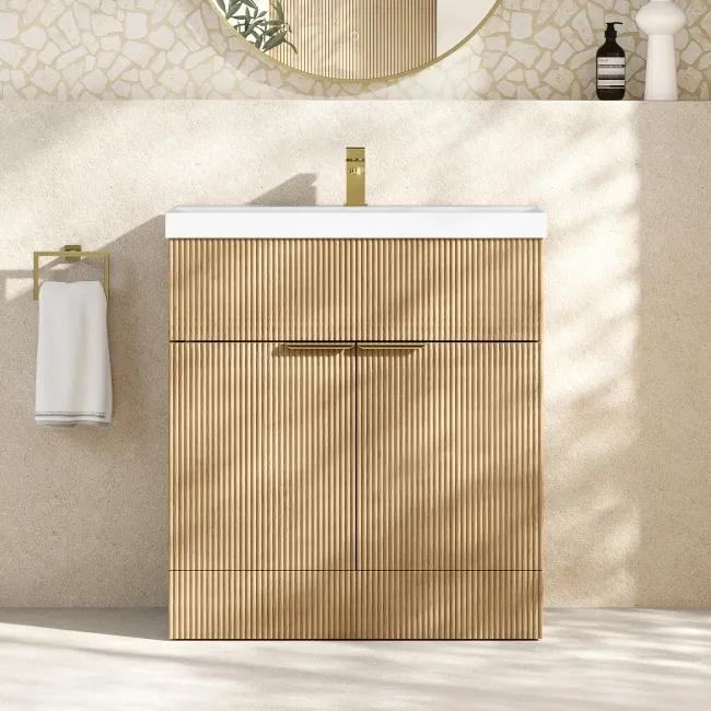 Havana Fluted Country Oak Basin Vanity 800mm - Brushed Brass Accents