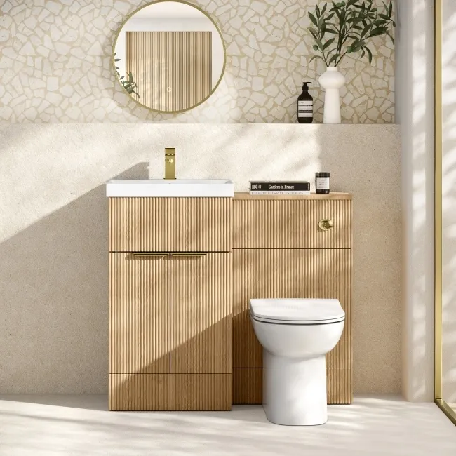 Havana Fluted Country Oak Combination Vanity Basin and Aruba Toilet 1000mm - Brushed Brass Accents