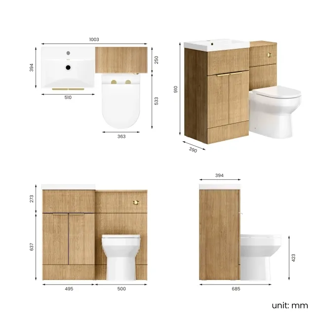 Havana Fluted Country Oak Combination Vanity Basin and Miami Toilet 1000mm - Brushed Brass Accents