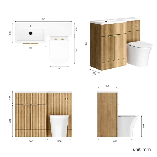 Havana Fluted Country Oak Combination Vanity Basin and Tucson Toilet 1100mm - Brushed Brass Accents - Left Handed