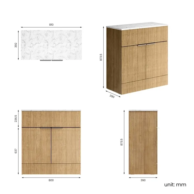 Havana Fluted Country Oak Cabinet with Marble Top 800mm (Excludes Counter Top Basin) - Chrome Handles