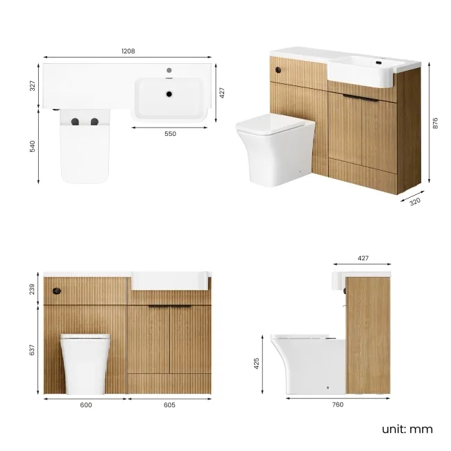 Sicily Fluted Country Oak Combination Vanity Basin and Houston Toilet 1200mm - Black Accents - Right Handed