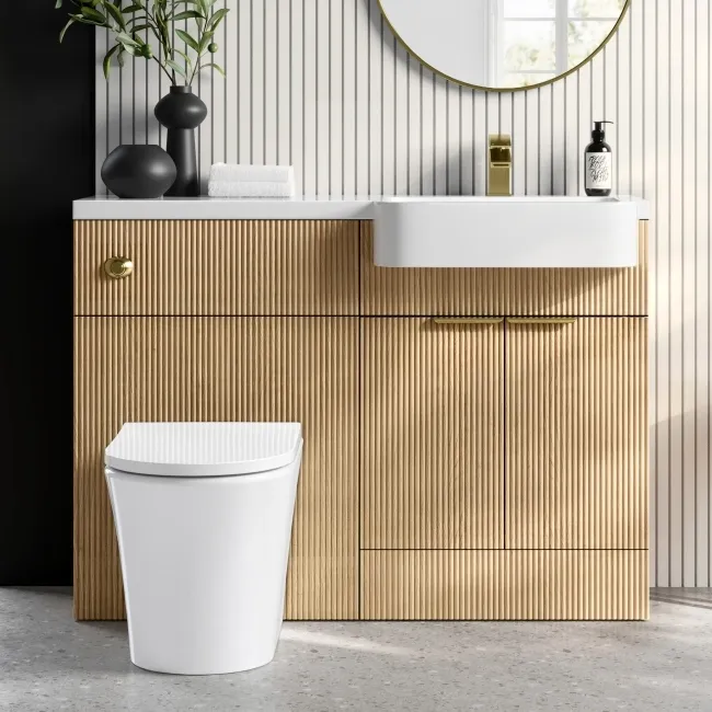 Sicily Fluted Country Oak Combination Vanity Basin and Tucson Toilet 1200mm - Brushed Brass Accents - Right Handed