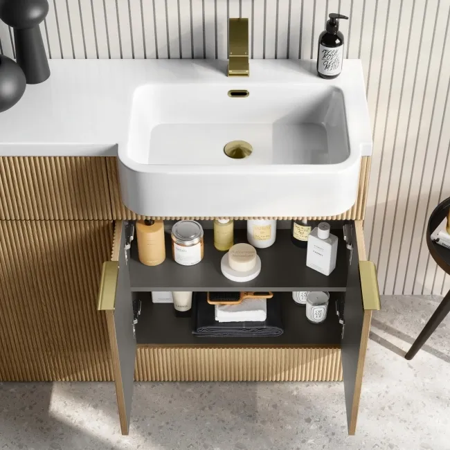 Sicily Fluted Country Oak Combination Vanity Basin and Tucson Toilet 1200mm - Brushed Brass Accents - Right Handed