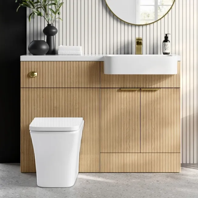 Sicily Fluted Country Oak Combination Vanity Basin and Houston Toilet 1200mm - Brushed Brass Accents - Right Handed