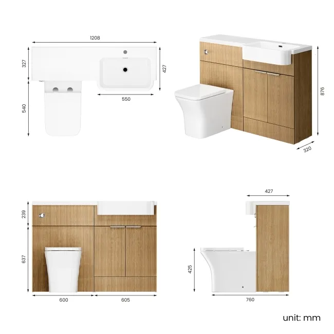 Sicily Fluted Country Oak Combination Vanity Basin and Houston Toilet 1200mm - Chrome Handles - Right Handed