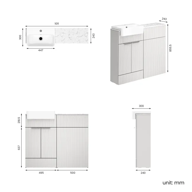 Sicily Fluted Coastal White Basin Vanity with Marble Top & Back To Wall Unit 1000mm (Excludes Toilet) - Chrome Handles