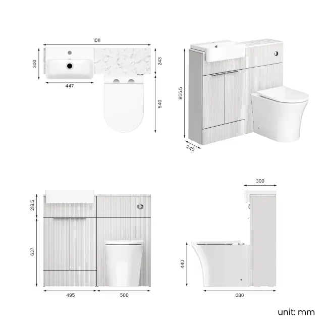 Sicily Fluted Coastal White Combination Vanity Basin with Marble Top & Tucson Toilet 1000mm - Chrome Handles