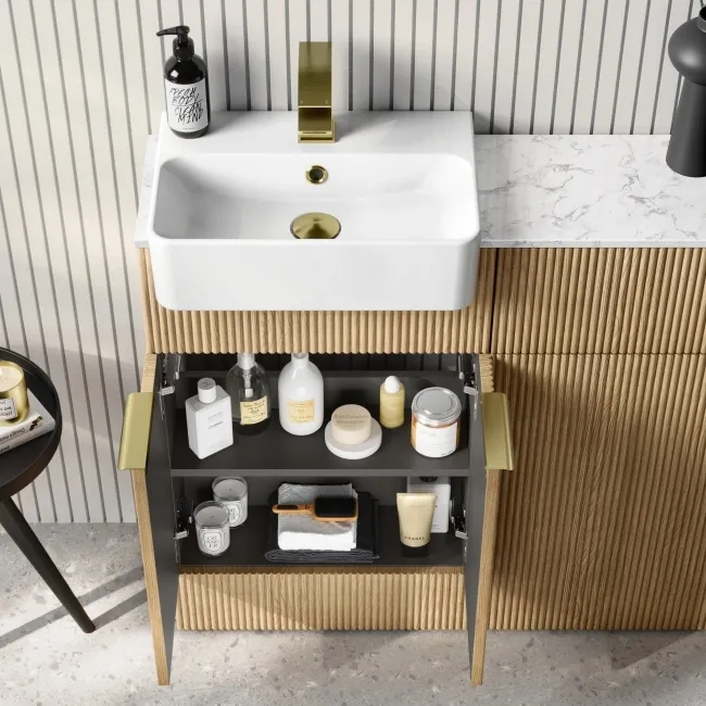 Sicily Fluted Country Oak Basin Vanity with Marble Top & Back To Wall Unit 1000mm (Excludes Toilet) - Brushed Brass Accents