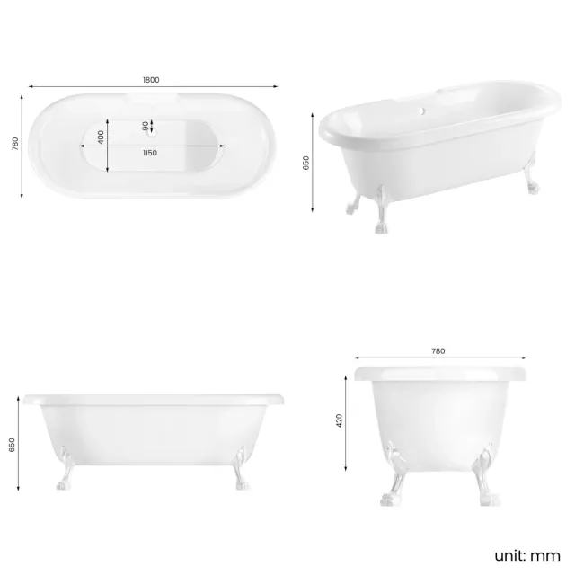 Grosvenor 1800mm Roll Top Bath - White Claw Feet
