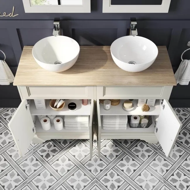 Lucia Chalk White Cabinet with Oak Effect Top 1200mm - Excludes Counter Top Basins