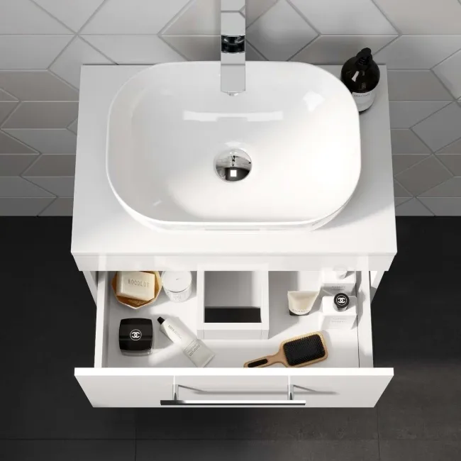 Avon Gloss White Wall Hung Drawer Vanity with Curved Counter Top Basin 600mm