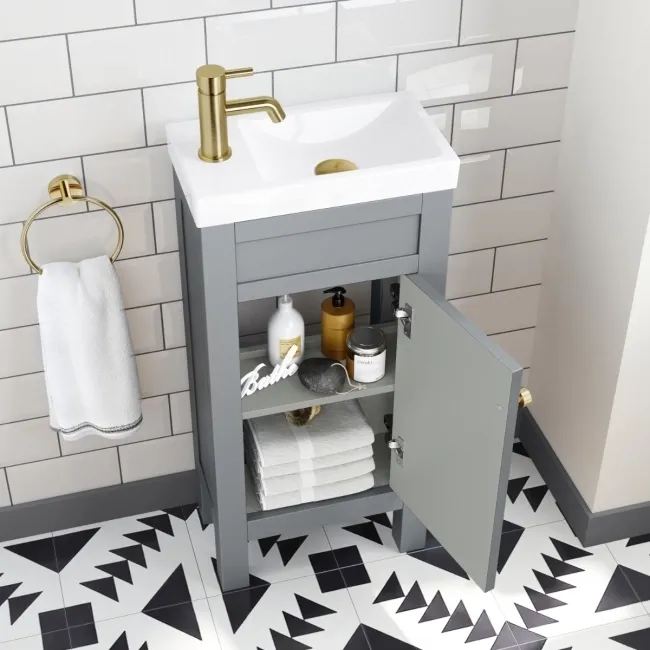 Bermuda Dove Grey Cloakroom Basin Vanity 400mm - Brushed Brass Accents