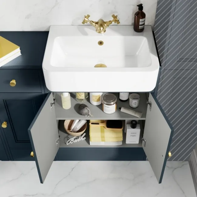 Monaco Inky Blue Basin Vanity and Back To Wall Unit 1500mm (Excludes Pan & Cistern) - Brushed Brass Accents