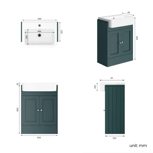 Monaco Midnight Green Basin Vanity 600mm