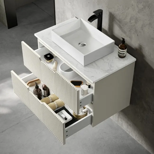 Crete Fluted Linen White Wall Hung Drawer Vanity with Marble Top & Cody Basin 800mm
