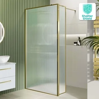 Munich Fluted Effect Brushed Brass 8mm Wet Room Shower Glass 900mm & 250mm Pivotal Return Panel