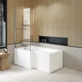 L Shaped 1600 Shower Bath & 6mm Easy Clean Screen with Rail - Left Handed