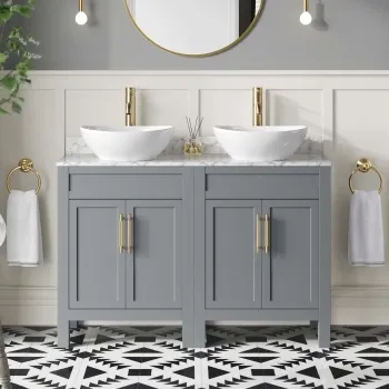 Bermuda Dove Grey Vanity with Marble Top & Oval Counter Top Basin 1200mm - Brass Knurled Handles