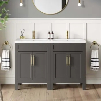 Bermuda Graphite Grey Double Basin Vanity 1200mm - Brass Knurled Handles