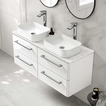 Omaha Gloss White Wall Hung Drawer Vanity with Marble Top & Marin Basin 1200mm
