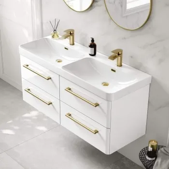 Omaha Gloss White Wall Hung Double Basin Drawer Vanity 1200mm - Brushed Brass Accents