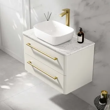 Omaha Linen White Wall Hung Drawer Vanity with Marble Top & Curved Counter Top Basin 800mm - Brushed Brass Accents