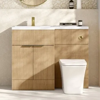 Havana Fluted Country Oak Combination Vanity Basin and Houston Toilet 1100mm - Brushed Brass Accents - Left Handed