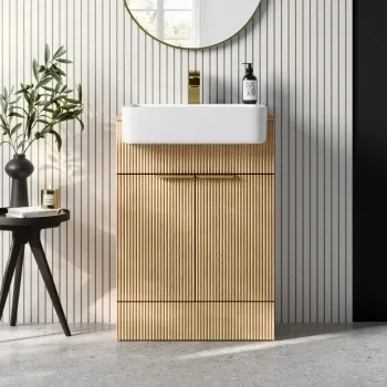 Sicily Fluted Country Oak Vanity with Semi Recessed Basin 600mm - Brushed Brass Accents