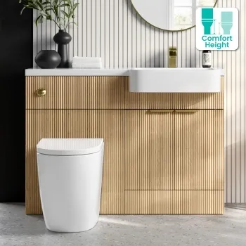Sicily Fluted Country Oak Combination Vanity Basin and Utah Comfort Height Toilet 1200mm - Brushed Brass Accents - Right Handed