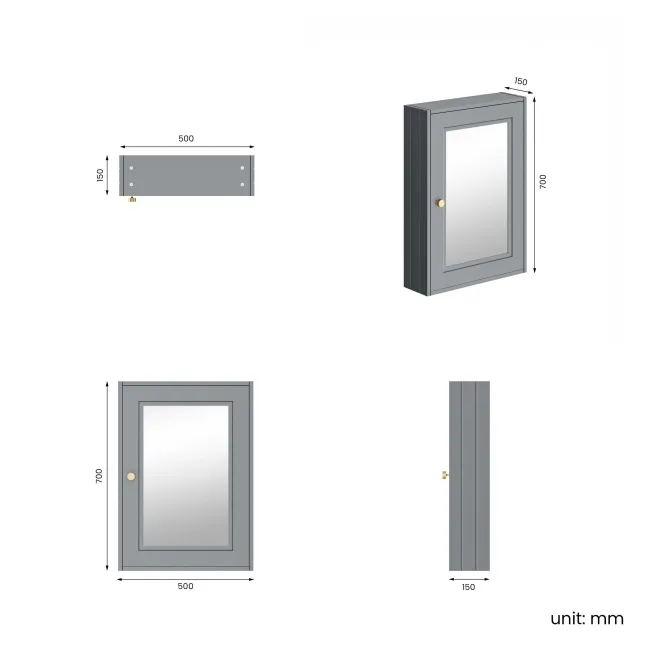 Dove Grey Mirror Cabinet 700x500mm - Brushed Brass Accents