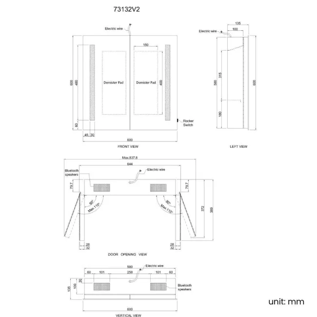 Emielia Illuminated LED Mirror Cabinet With BLUETOOTH Speaker 600x600mm