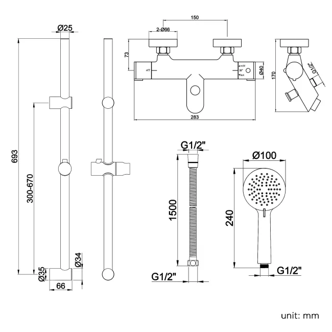 Ballina Premium Round Thermostatic Bath Filler Shower Set With Multi-function Hand Shower