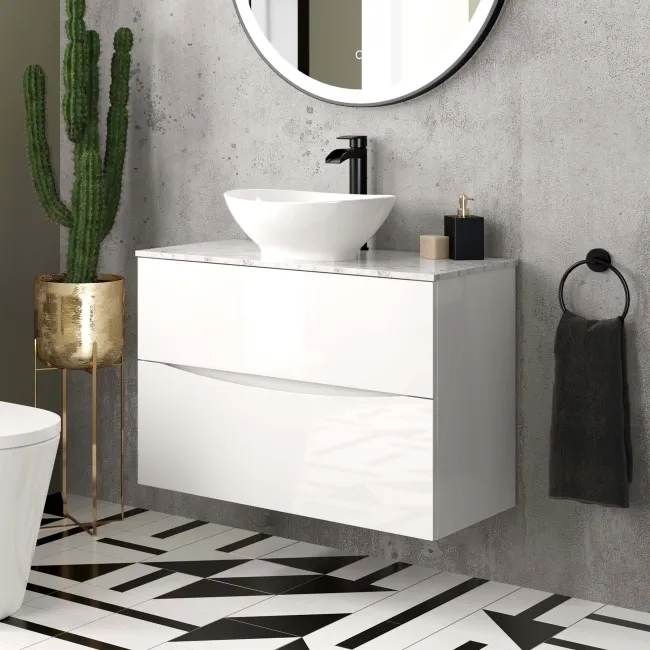Austin Gloss White Wall Hung Drawer Vanity with Marble Top & Oval Counter Top Basin 800mm