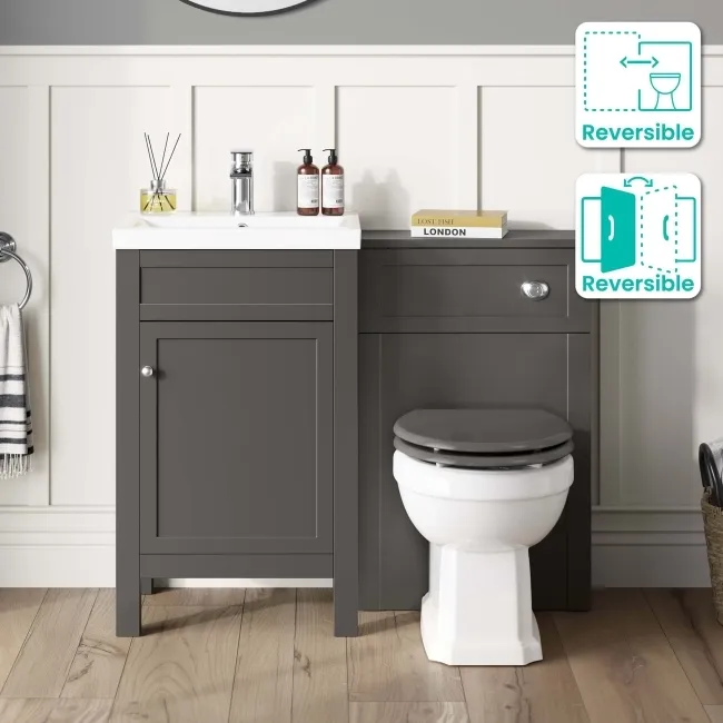 Bermuda Graphite Grey Combination Vanity Basin and Hudson Toilet with Wooden Seat 1000mm