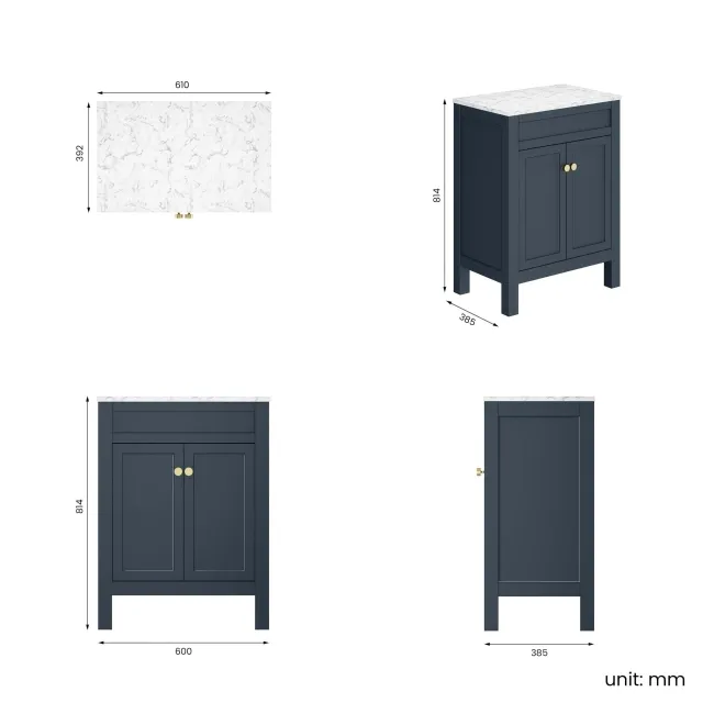 Bermuda Inky Blue Cabinet with Marble Top 600mm Excludes Counter Top Basin - Brushed Brass Accents