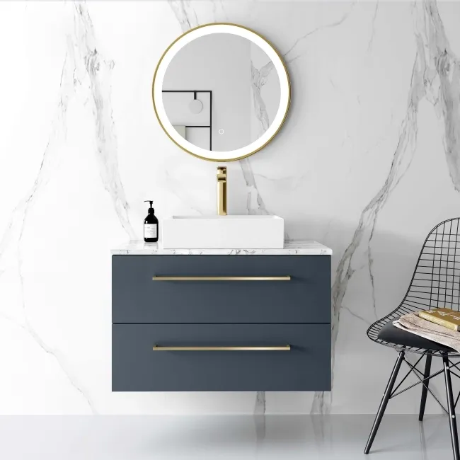 Elba Inky Blue Wall Hung Drawer Vanity with Marble Top & Cody Basin 800mm - Brushed Brass Accents