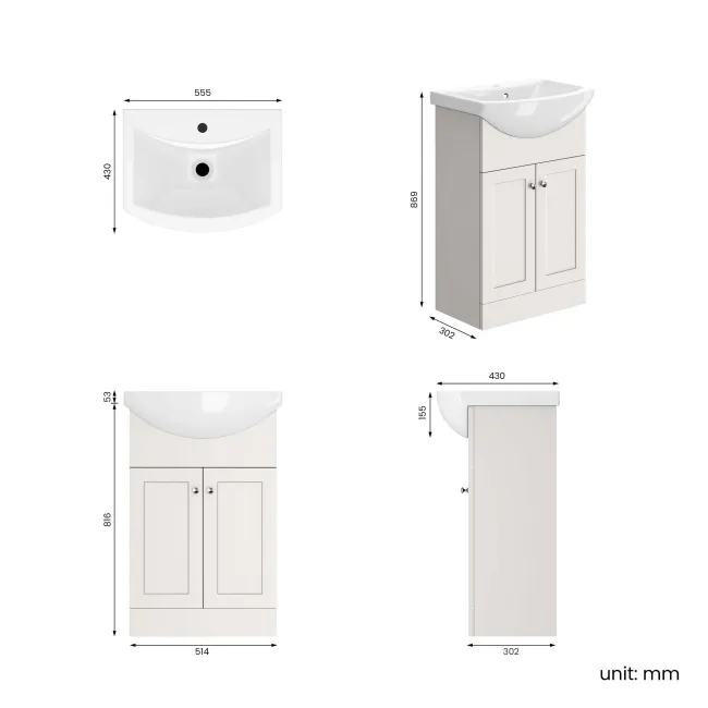 Capri Cotton White Vanity with Semi Recessed Basin 550mm - Brushed Handles