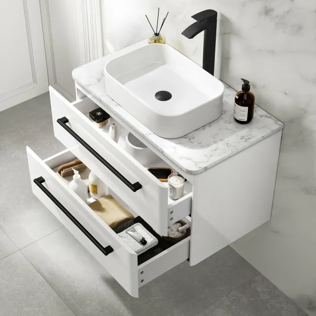 Omaha Gloss White Wall Hung Drawer Vanity with Marble Top & Marin Basin 800mm - Black Accents