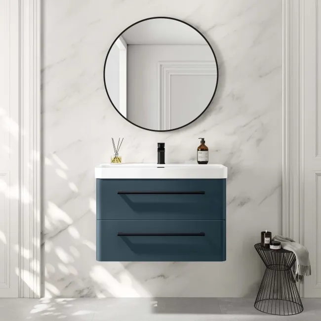 Omaha Navy Blue Wall Hung Basin Drawer Vanity 800mm - Black Accents