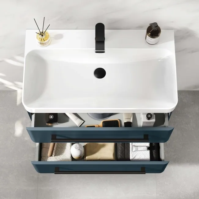 Omaha Navy Blue Wall Hung Basin Drawer Vanity 800mm - Black Accents