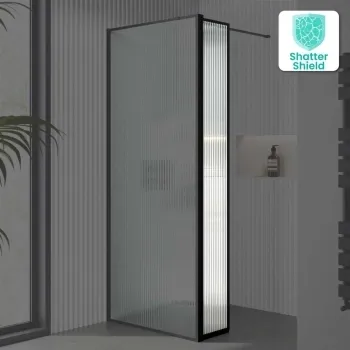 Munich Fluted Effect Matt Black Framed Easy Clean 8mm Pivotal Wet Room Shower Glass Return Panel 250mm