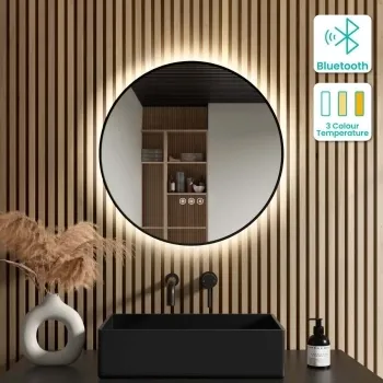 Mollie Black Framed Round Backlit LED Mirror With BLUETOOTH Speaker 600mm