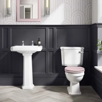 Hudson Traditional Toilet With Cashmere Pink Seat & Pedestal Basin Set - Double Tap Hole