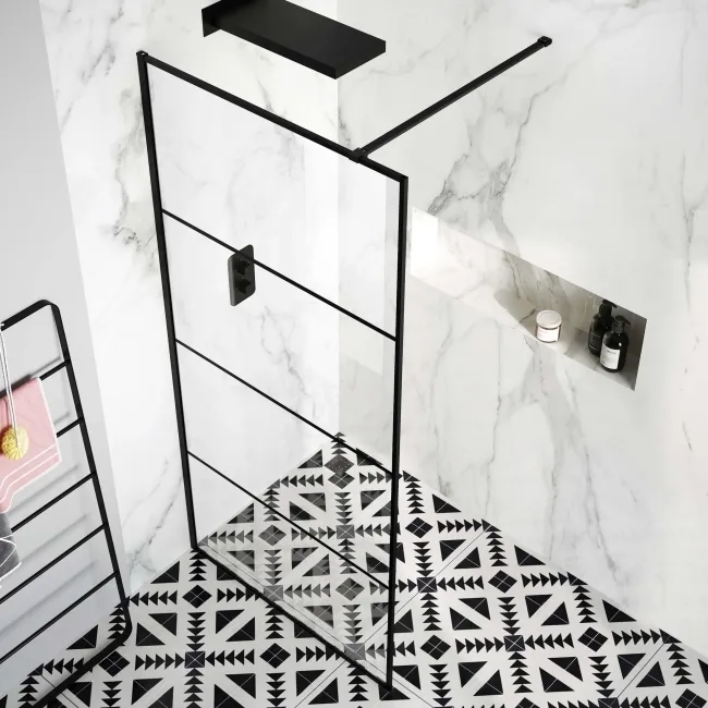 Munich Matt Black Grid Easy Clean 8mm Wet Room Shower Glass Panel 1100mm