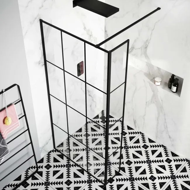 Munich Matt Black Grid Easy Clean 8mm Wet Room Shower Glass Return Panel 250mm